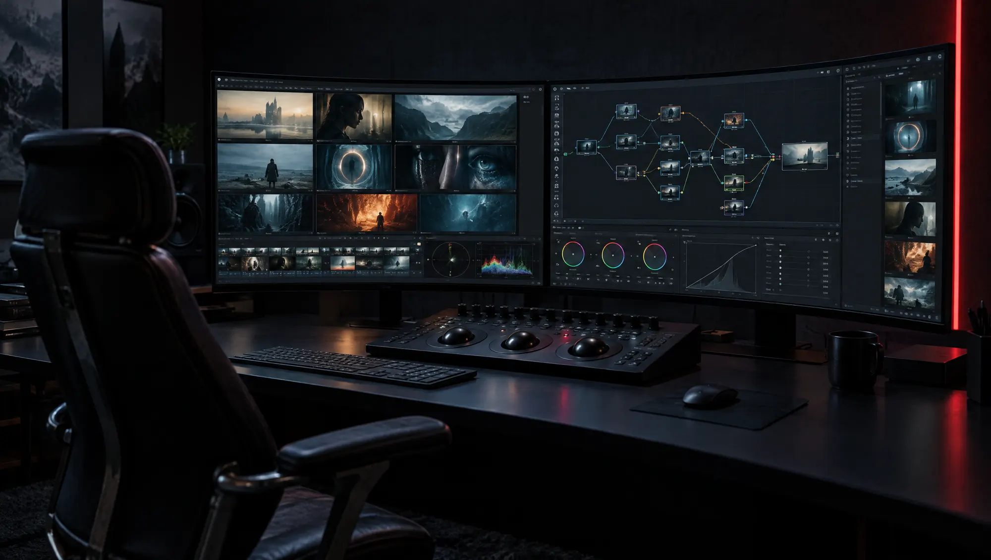 Una suite di post-produzione al buio con monitor curvi, fotogrammi generati e un pannello di color grading