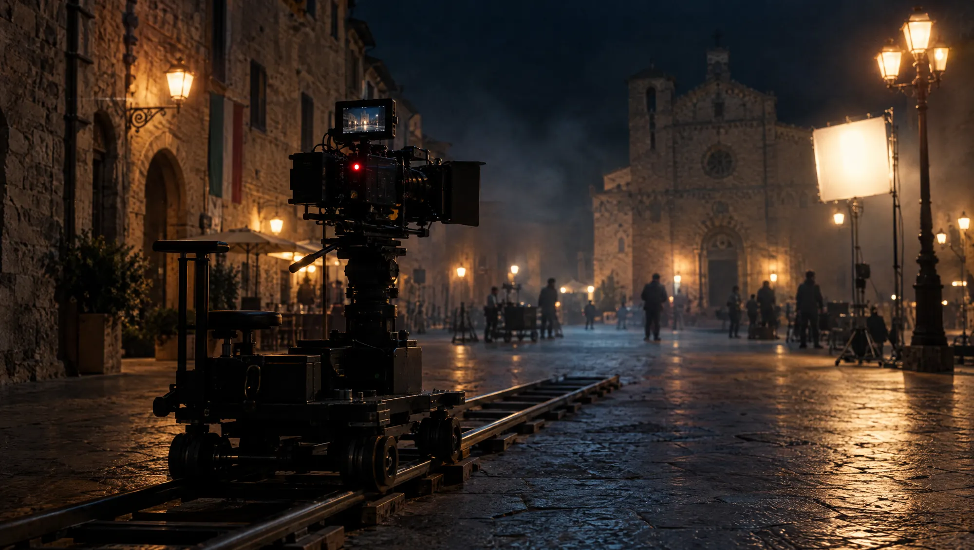 Macchina da presa su carrello in una piazza italiana di notte, con luci di scena e nebbia