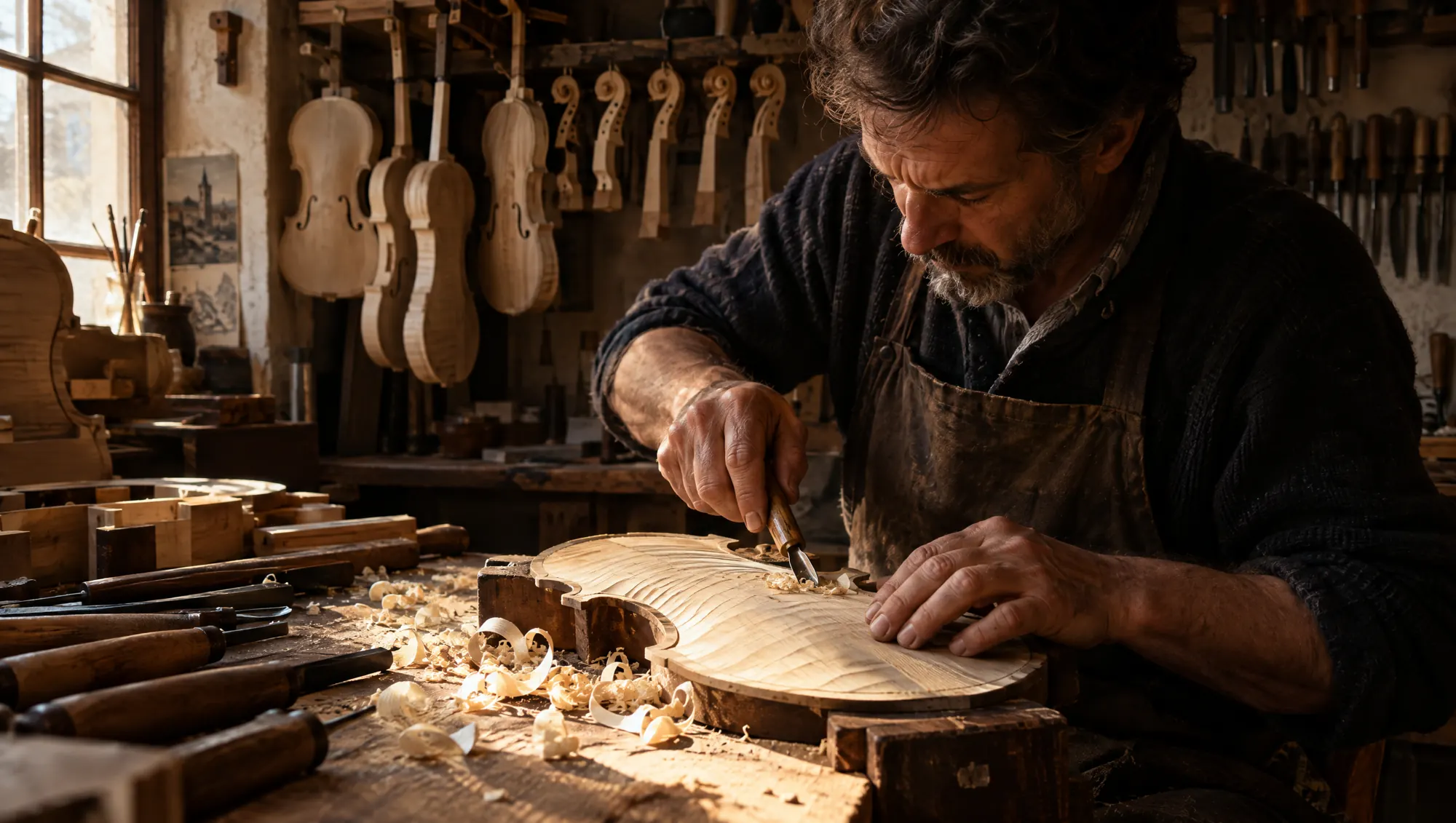 Le mani di un liutaio scolpiscono la tavola di un violino, fra trucioli e strumenti appesi