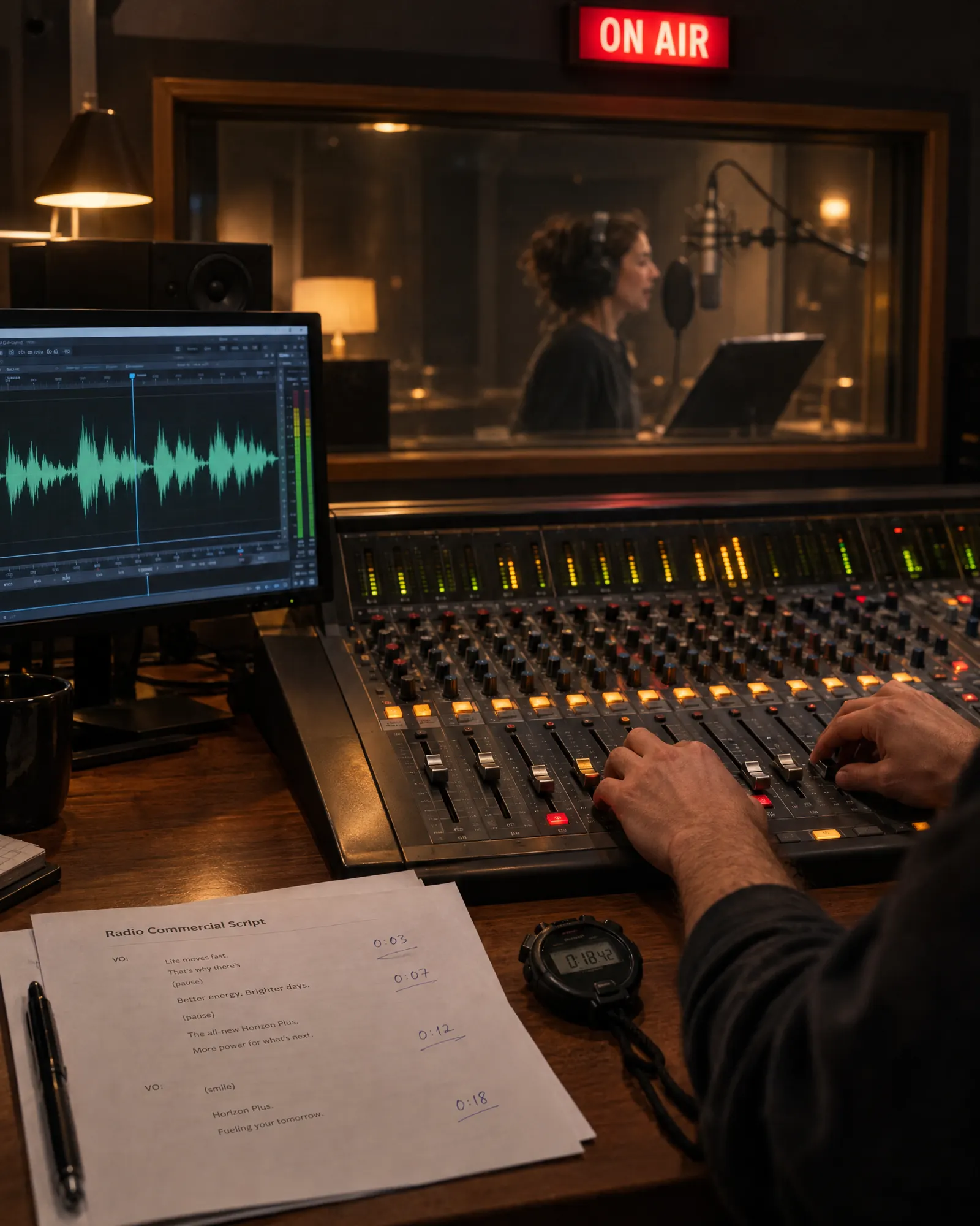 Le mani di un produttore sul mixer durante la registrazione di uno spot radio, con la speaker in cabina oltre il vetro e la spia ON AIR accesa
