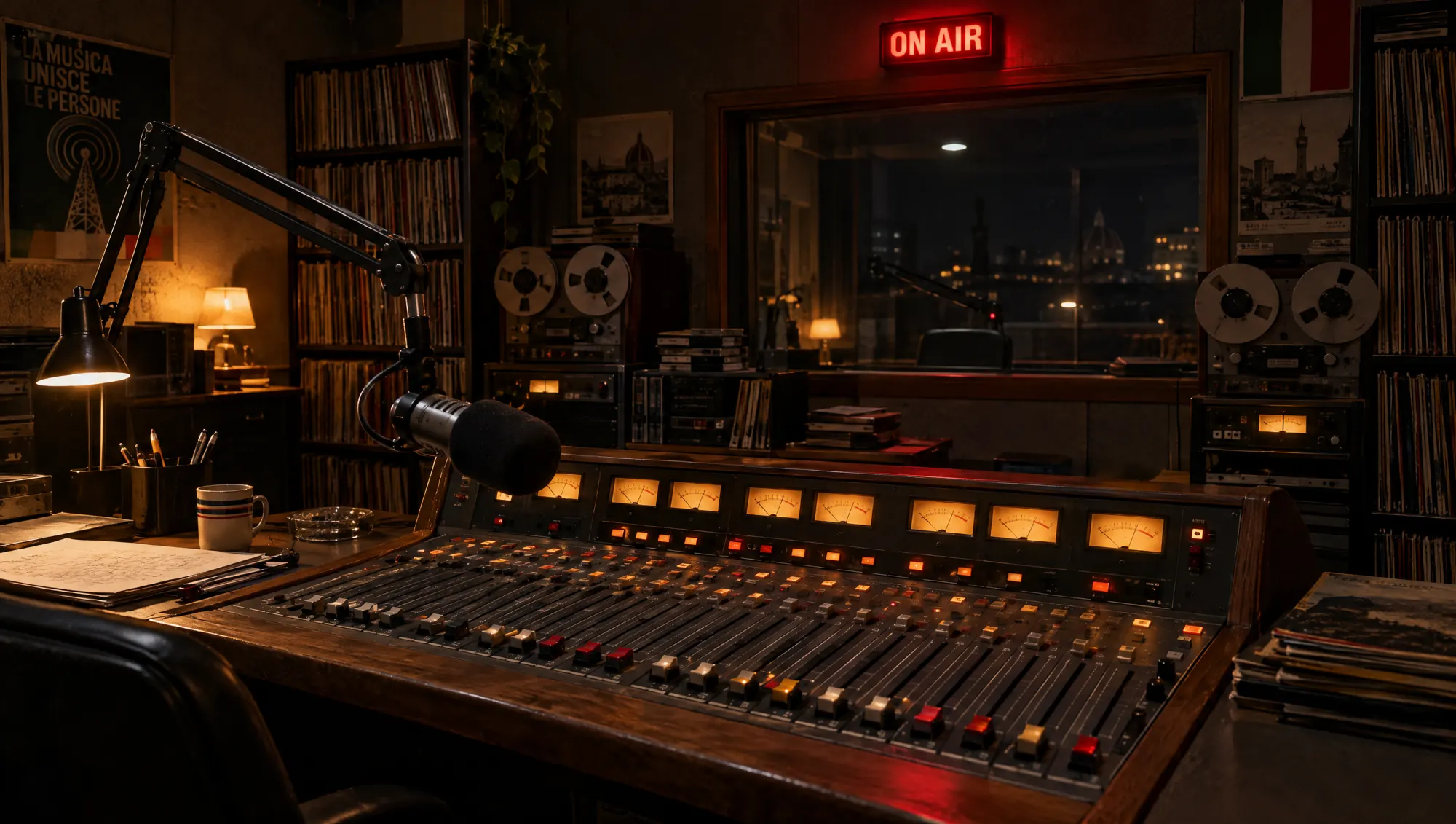 Uno studio radiofonico anni Ottanta di notte, con mixer, microfono e la spia ON AIR accesa
