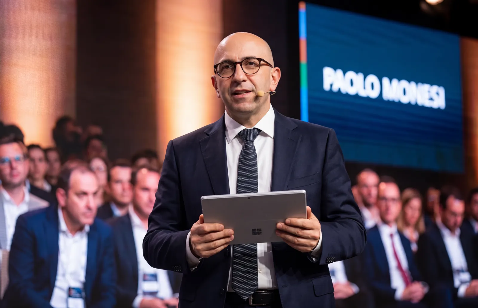 Paolo Monesi sul palco di una convention aziendale con un tablet in mano, platea in sala