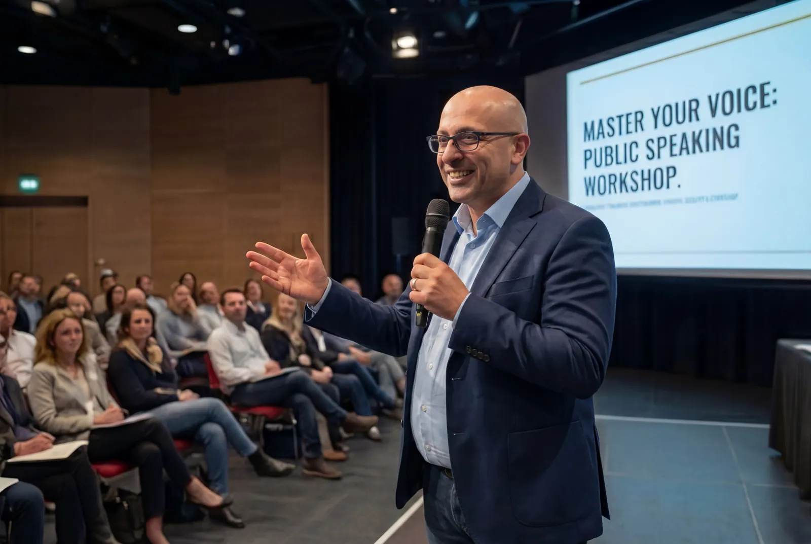 Paolo Monesi con il microfono davanti a una platea in un workshop di public speaking
